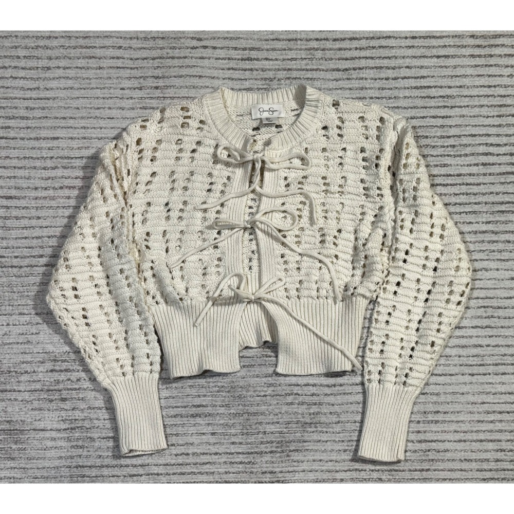 Jessica Simpson Cream Open Knit Tie Front Cropped Cardigan Sweater Womens Small